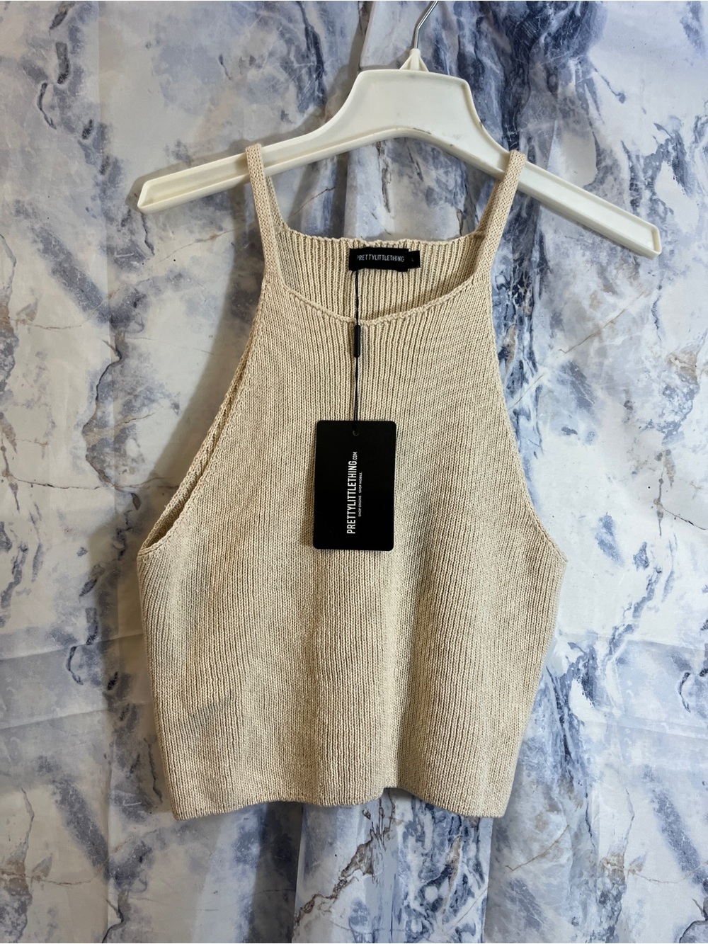 PrettyLittleThing Beige Ribbed Halter Crop Top